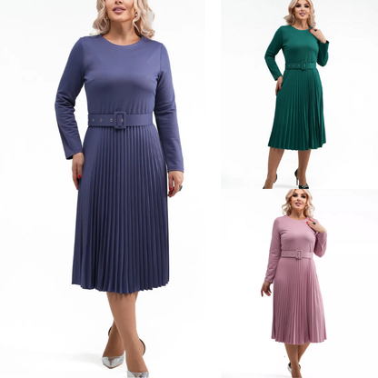 ✨【S-5XL】👗2025 jesień i zima nowa moda elegancka wysokiej jakości jednokolorowa plisowana sukienka-3861007