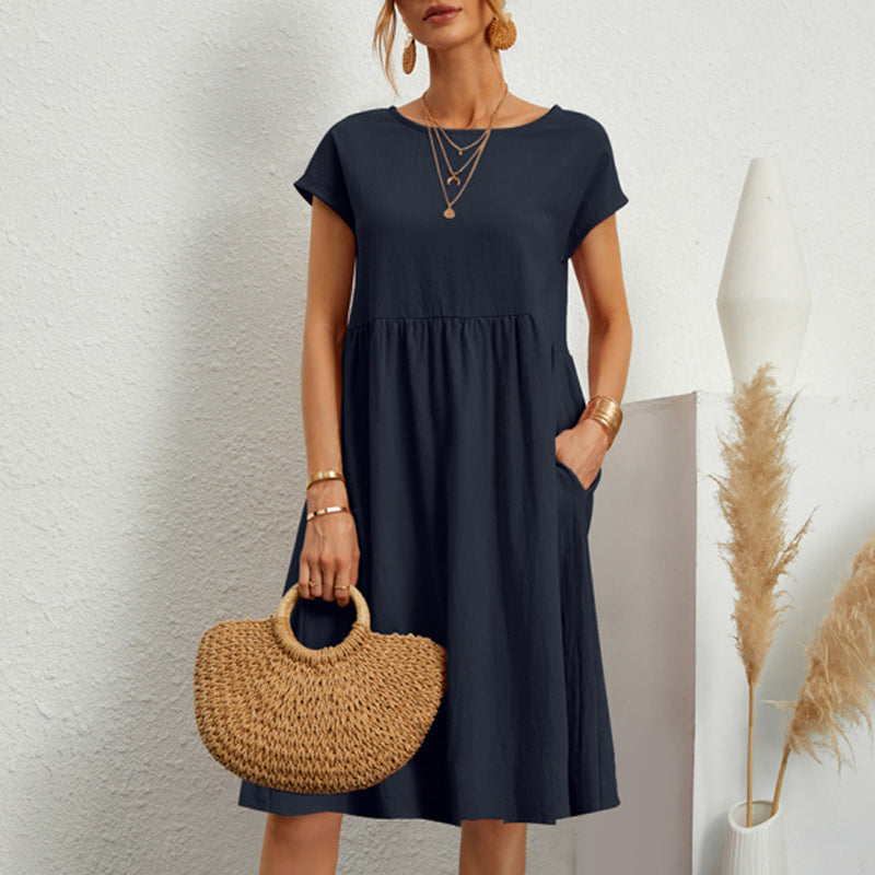 👗💖💖【S-5XL】2026 új női pamut-len ruha – kerek nyakú, bő szabás