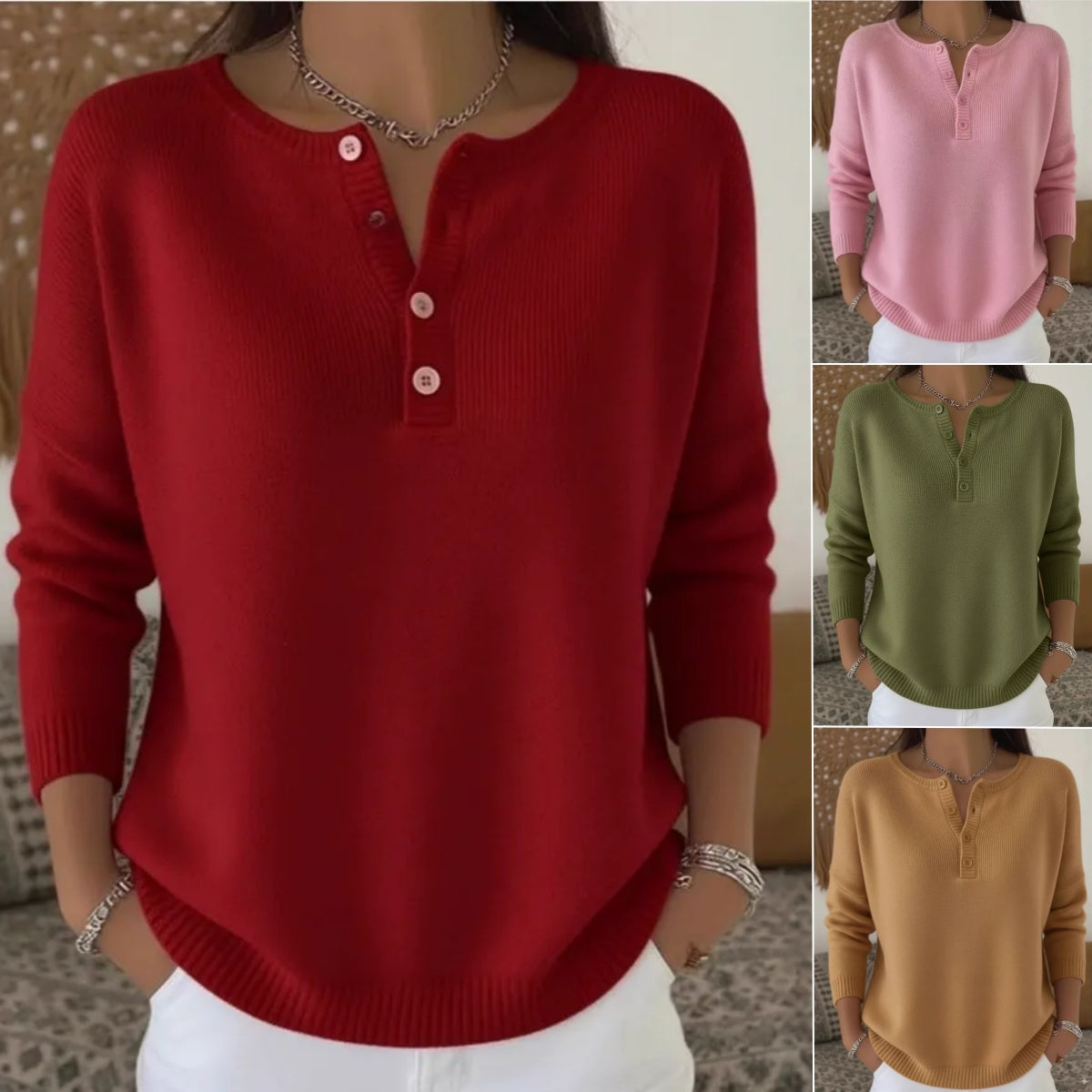 ✨【S-2XL】Suéter de cuello en V de color sólido para mujer, suelto y casual 4181151