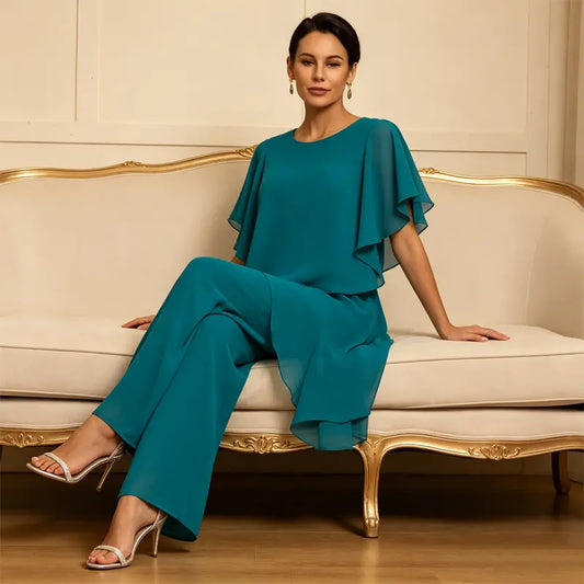 ⭐⏳Elegantní šifonový set: Asymetrický top s volánky a kalhoty s širokými nohavicemi – Sofistikovaný outfit na společenské události, velikost S-3XL