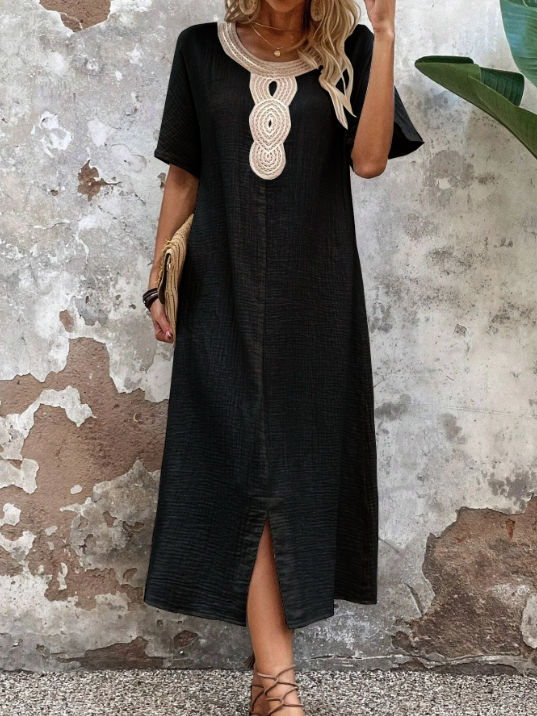 🧚‍♀️👗【Sleva 50 % 🔥】【S-3XL】💖Letní volné dámské šaty s kulatým výstřihem, krajkou, krátkým rukávem, z čisté bavlny a lnu, s rozparkem