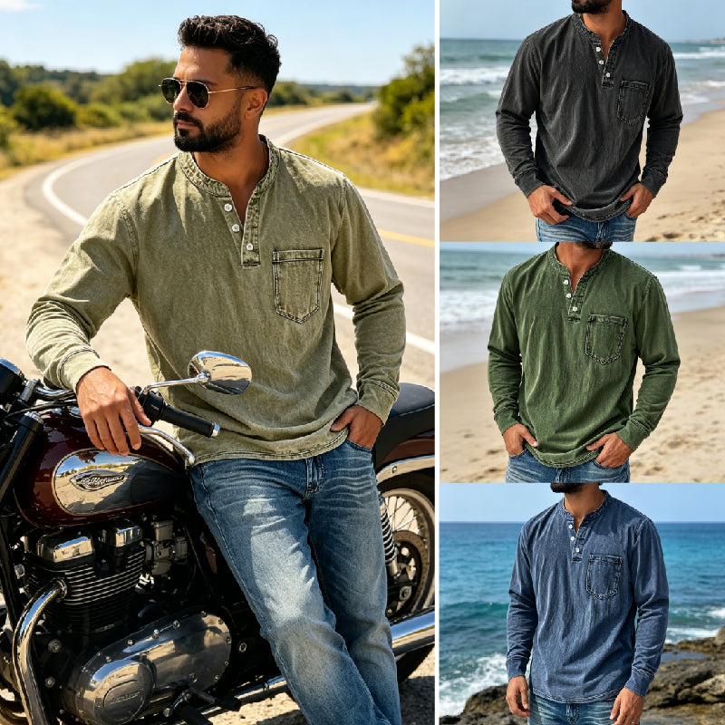 👔🔥【S-5XL】Camisa vaquera para hombre de manga larga, cuello en V y bolsillo ✅️Pago contra reembolso