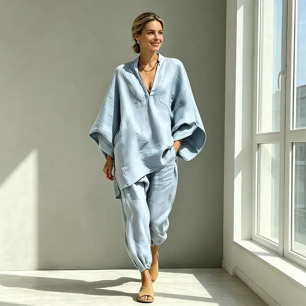 【S-3XL】👗✨ Souprava s volným výstřihem a širokým lemem, netopýřími rukávy, ležérní design, volný střih, ideální pro každodenní nošení - pohodlná a všestranná ✨🌸