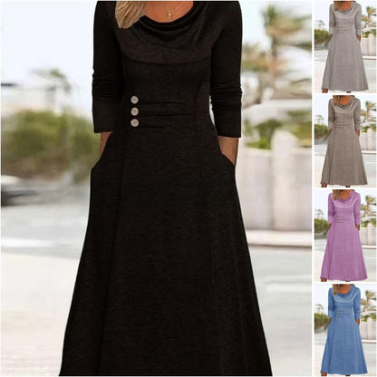 【S-3XL】Nowa jesienna sukienka w jednolitym kolorze z okrągłym dekoltem i kieszenią w talii zapinaną na guziki