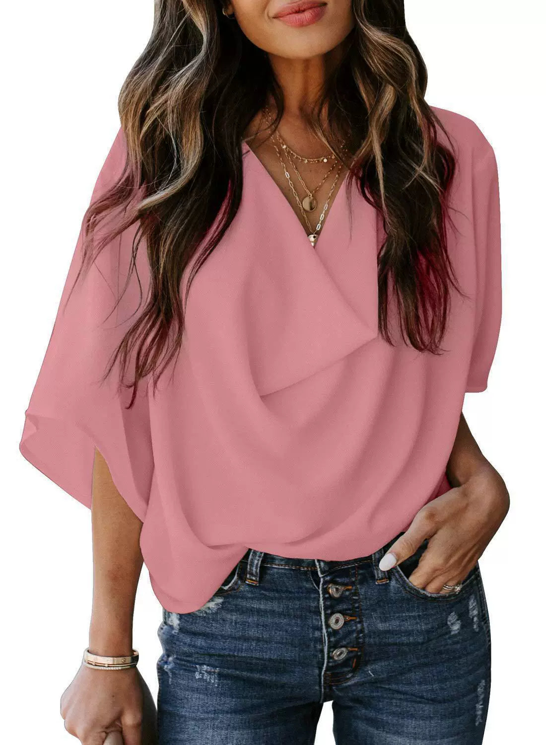 ⚡ Időkorlátos 20% kedvezmény ❗ Európai/amerikai stílusú V-nyakú sifon blúz 🌸 Bő szabás, takarja a hibákat, mindenki számára előnyös
