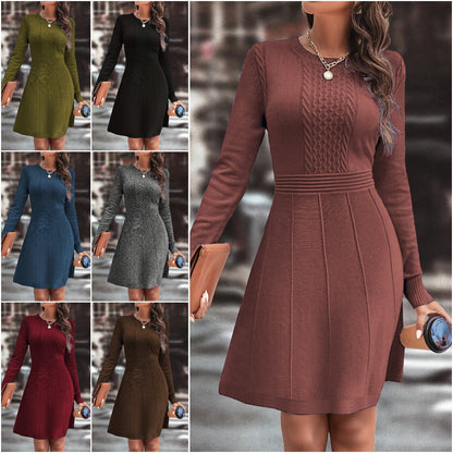 🍁🍂Damska sukienka dzianinowa na jesień/zimę, elegancka i prosta, jednokolorowa sukienka dzianinowa o dopasowanym kroju i okrągłym dekolcie-4195576
