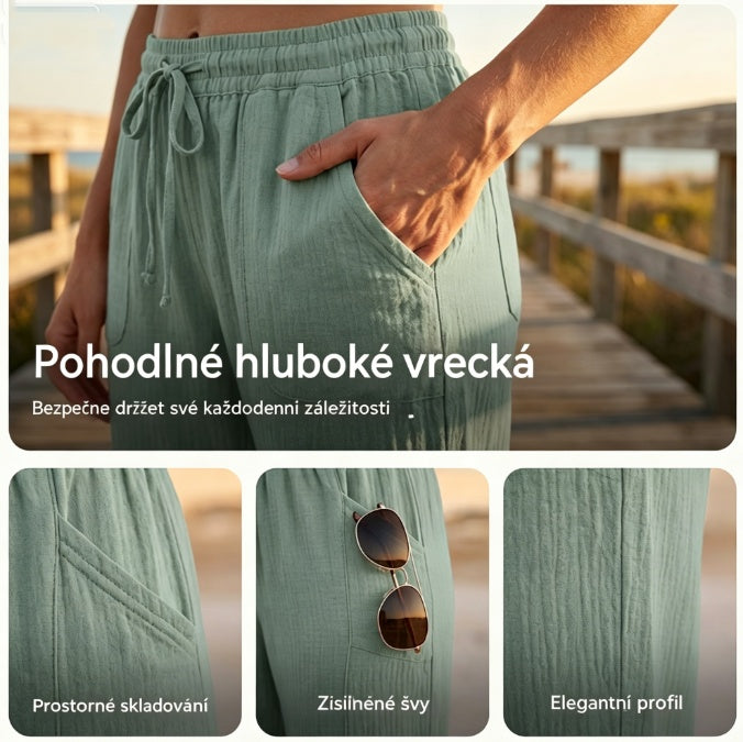🌸 [S-3XL] Dámské jednobarevné skládané zkrácené kalhoty z bavlny a lnu