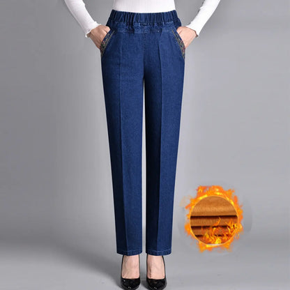 🔥👖 Poslední den – sleva 50 % 【L–5XL】 Nové dámské ležérní elastické džíny s rovným střihem a hřejivou podšívkou na podzim a zimu, teplé a pohodlné ✨