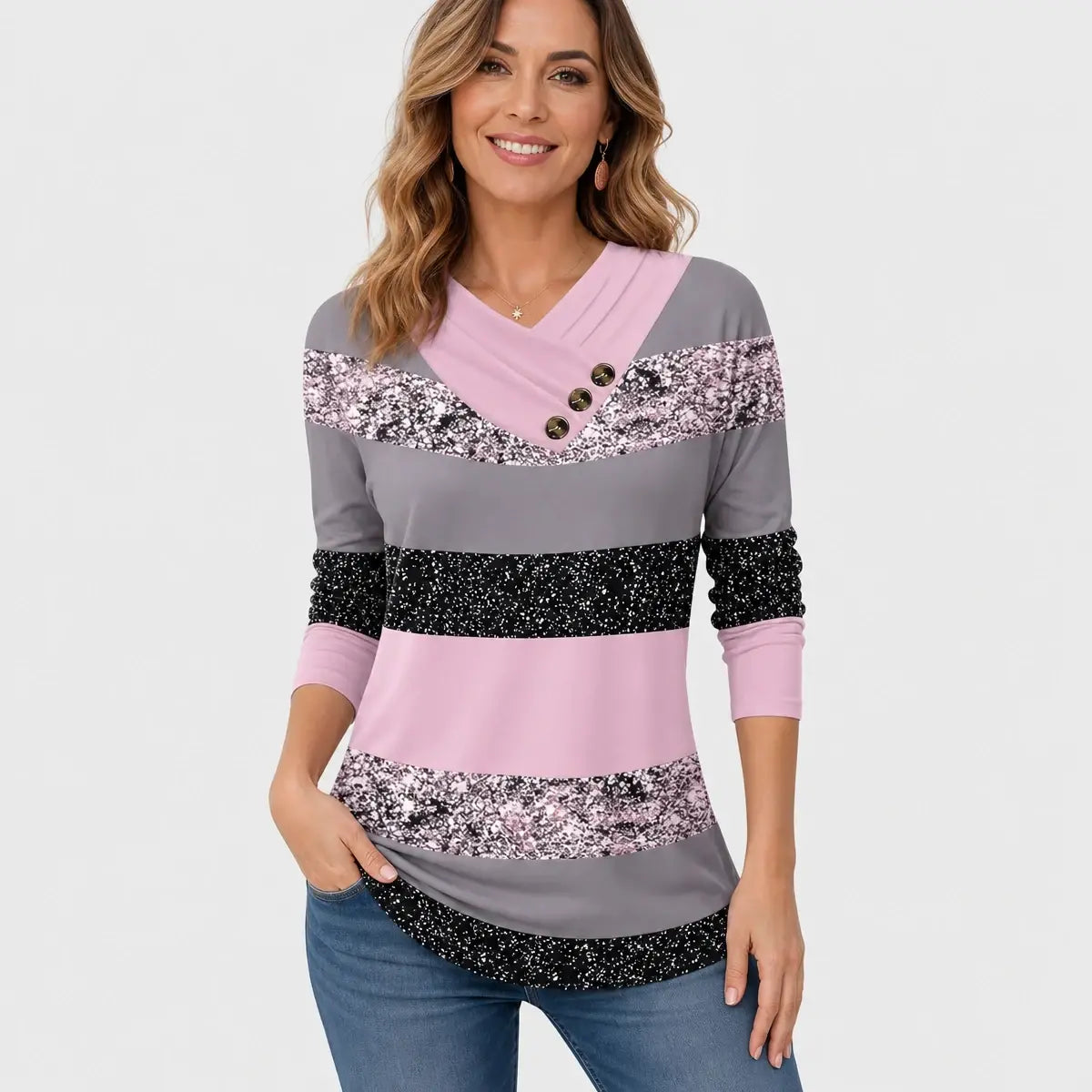 ✨🔥 Poslední den – sleva 50 % 【S–5XL】 Dámský nový podzimní a zimní top s barevně kontrastním designem, výstřihem do V a přiléhavým střihem, dlouhé rukávy