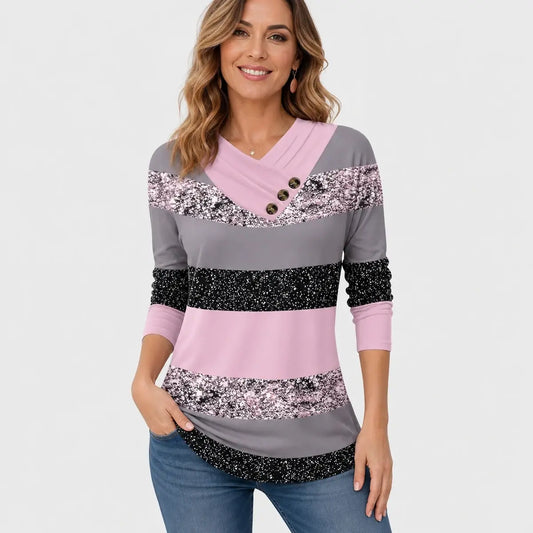 ✨🔥 Poslední den – sleva 50 % 【S–5XL】 Dámský nový podzimní a zimní top s barevně kontrastním designem, výstřihem do V a přiléhavým střihem, dlouhé rukávy