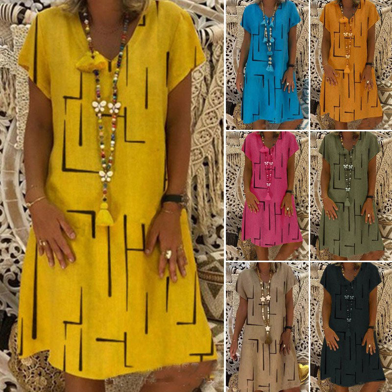 🏆【50% OFF】👗【S-5XL】Potištěné bavlněné šaty s výstřihem do V