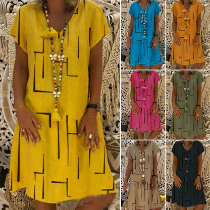 🏆【50% OFF】👗【S-5XL】Potištěné bavlněné šaty s výstřihem do V