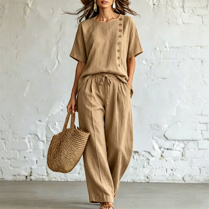 🎨【S-3XL】🌺【Set tričko + kalhoty s širokými nohavicemi】Módní ležérní set vyrobený z bavlny a lnu, pohodlný a prodyšný, dostupný v několika barvách.