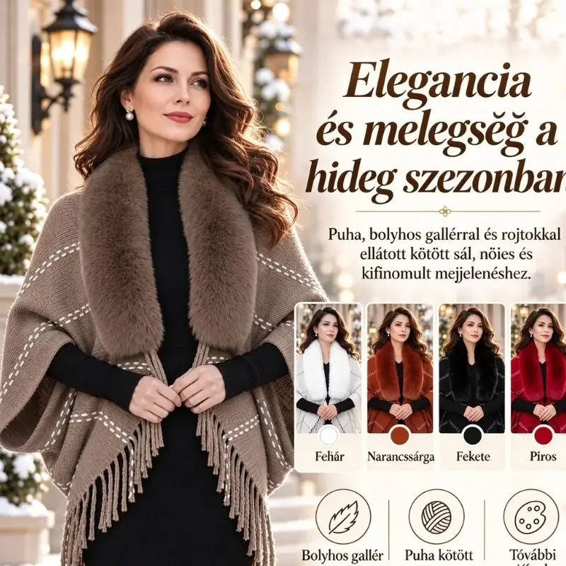 ✨ Kötött téli kendő bolyhos gallérral és elegáns rojtokkal · Kényelmes, laza fazonú poncsó-kardigán nőknek!