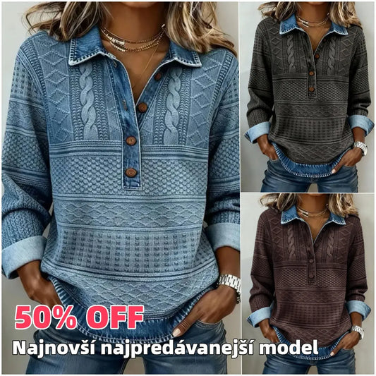 🌺🔥 50% SLEVA | Dámský retro top s džínovými detaily [S–5XL] – Texturovaný vzor, límeček a pohodlný volný střih