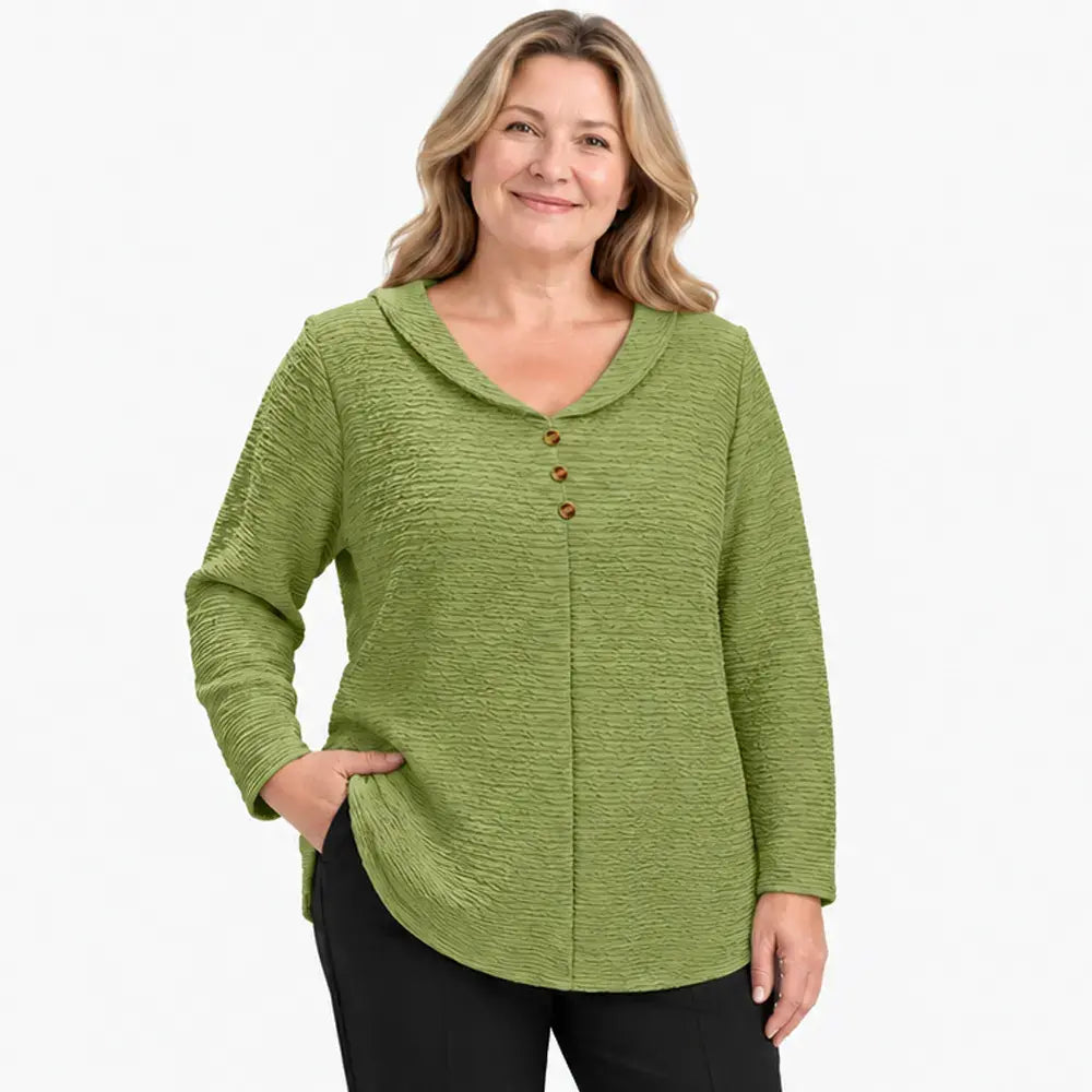 💖💖【XL-5XL】💖 Nový dámský jednobarevný top ve větších velikostech se zapínáním na knoflíky, vyrobený z texturovaného, plisovaného materiálu a doplněný kulatým límečkem.