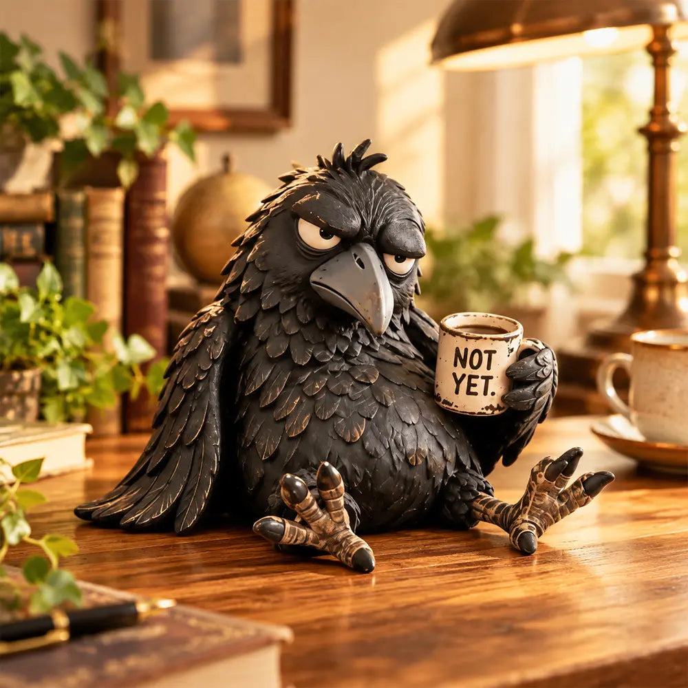 😝✅Pryskyřicová figurka „Nevrlá vrána s kávou“ – dekorace ve vintage stylu
