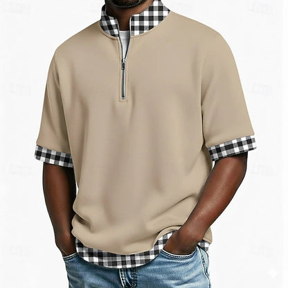 [S-3XL] Polo de manga corta para hombre, de algodón puro — Cuello con media cremallera, diseño de doble capa y costuras a cuadros.