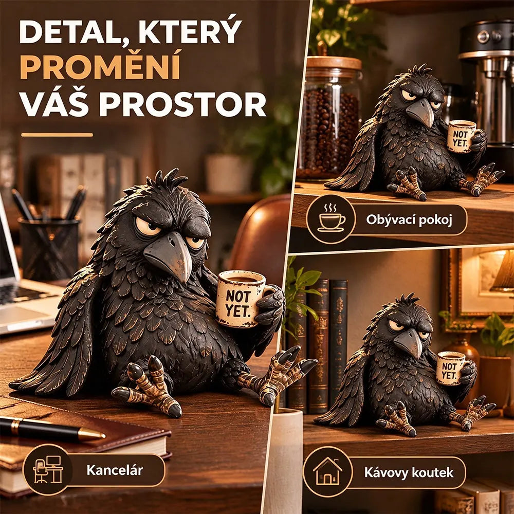 😝✅Pryskyřicová figurka „Nevrlá vrána s kávou“ – dekorace ve vintage stylu