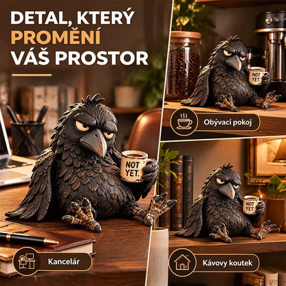 😝✅Pryskyřicová figurka „Nevrlá vrána s kávou“ – dekorace ve vintage stylu
