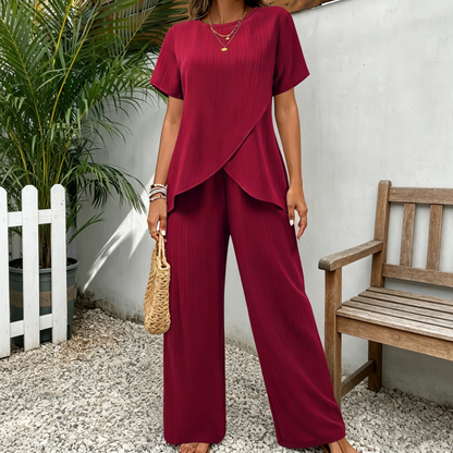 【S-3XL】Conjunto casual de dos piezas para mujer, manga corta, cuello redondo, cómodo, bajo irregular. [Top + Pantalones]