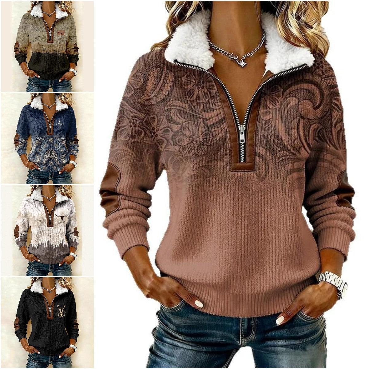 Časově omezené překvapení: sleva 50 %!🔥🔥【S-3XL】 Mikina s dlouhým rukávem a potiskem a chlupatým kardiganem 4200927
