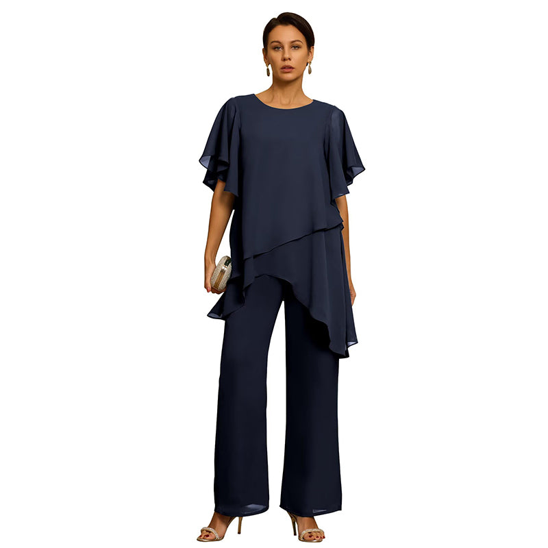 Elegantní šifonový set: asymetrický top s volánky a kalhoty s širokými nohavicemi – sofistikovaný outfit na společenské události, velikosti S–3XL