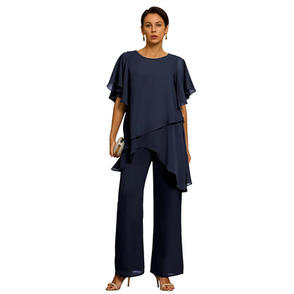 Elegantní šifonový set: asymetrický top s volánky a kalhoty s širokými nohavicemi – sofistikovaný outfit na společenské události, velikosti S–3XL