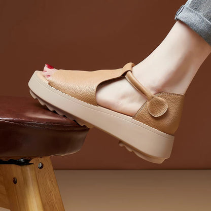 👡【35-40】Sandały rzymskie z pyskiem ryby wykonane z prawdziwej skóry, z grubą podeszwą, w stylu retro, nowość na lato