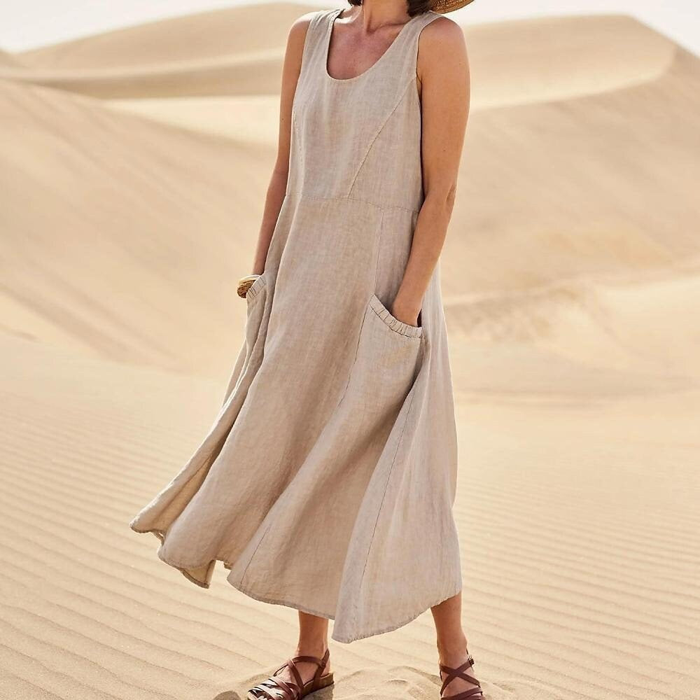 🌈👗【7 barev, S-5XL】💖 Nové elegantní jednobarevné šaty bez rukávů s kulatým výstřihem z bavlny a lnu na léto 2026.