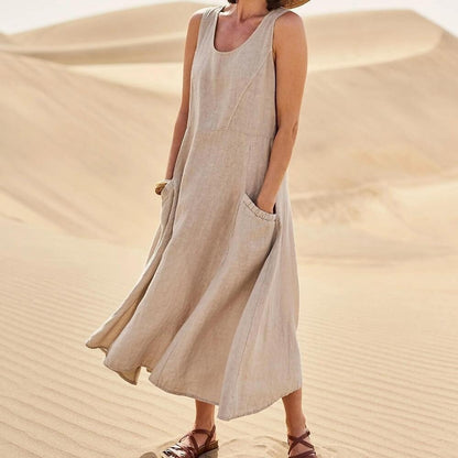 🌈👗【7 barev, S-5XL】💖 Nové elegantní jednobarevné šaty bez rukávů s kulatým výstřihem z bavlny a lnu na léto 2026.