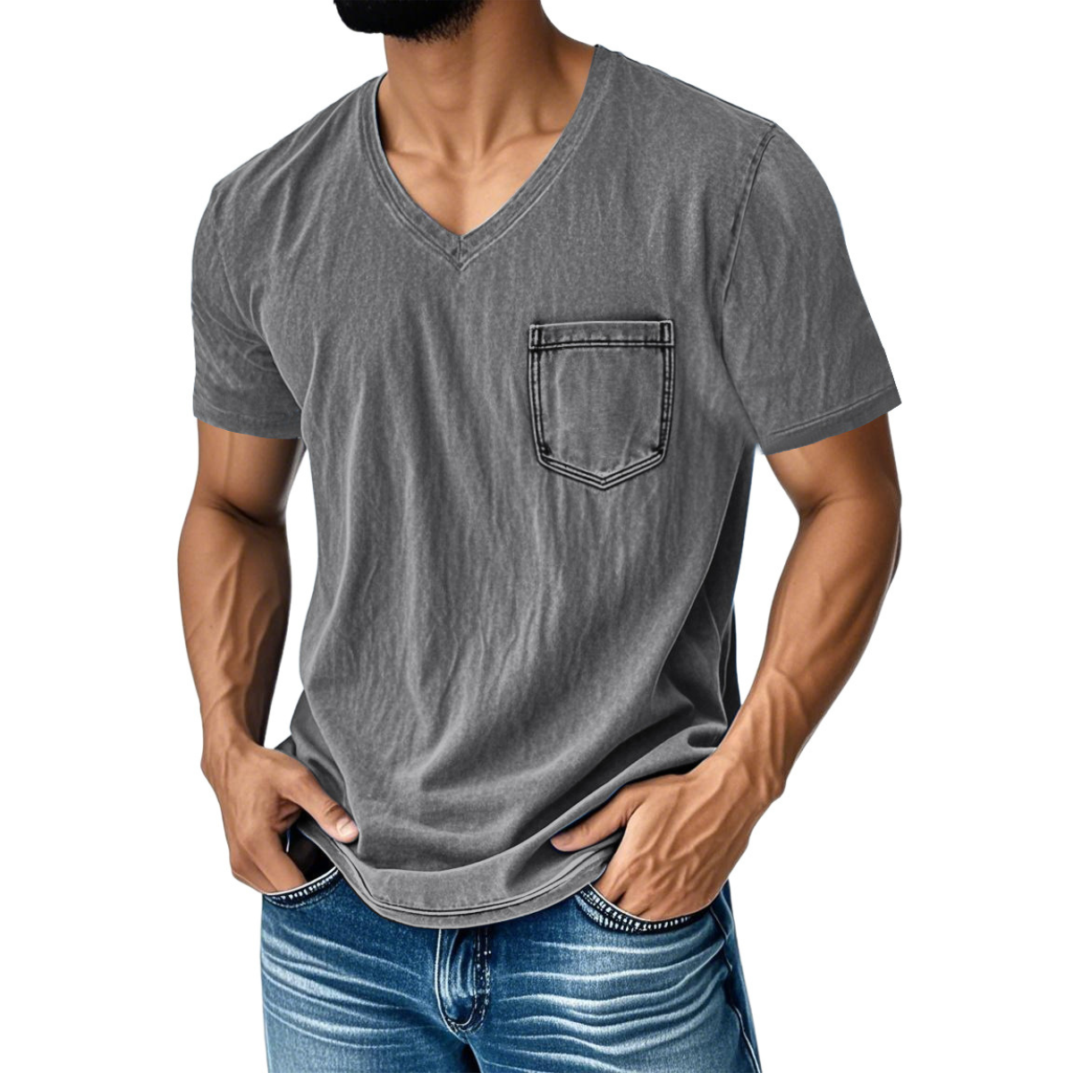 👔 50% SLEVA 🔥 [40–120 kg] Pánské ležérní džínové tričko volného střihu s výstřihem do V a krátkým rukávem ✅ Platba na dobírku ✅ 70% SLEVA na 2 položky