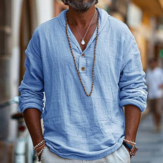 【S-3XL】🌊🌊Nueva camisa de playa de algodón y lino con cuello en V para hombre, serie 2026