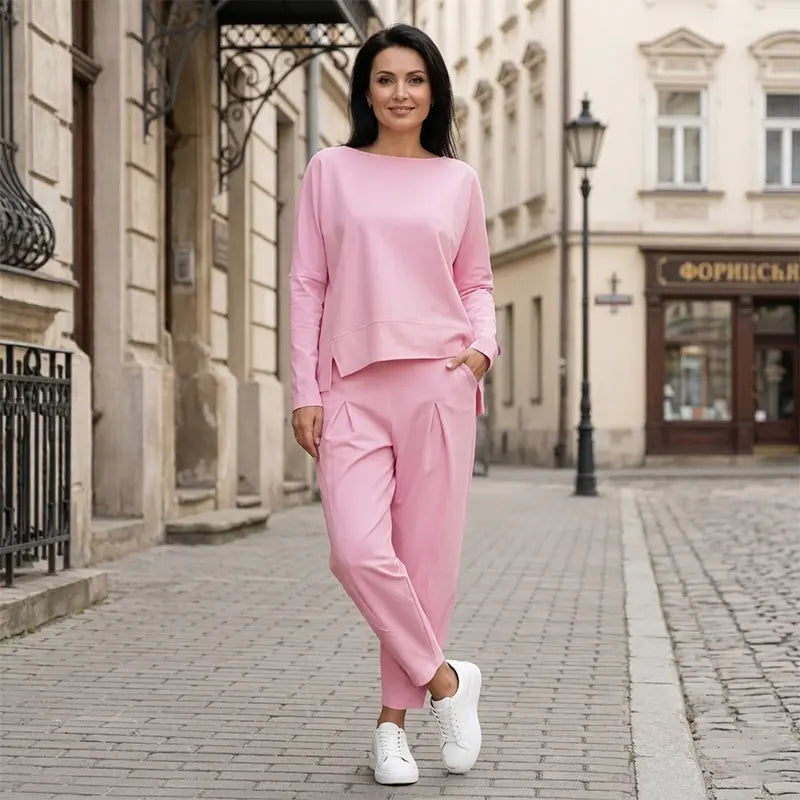 😊【S-5XL】💖Komplet hlač z dolgimi rokavi in okroglim izrezom, dvodelni komplet