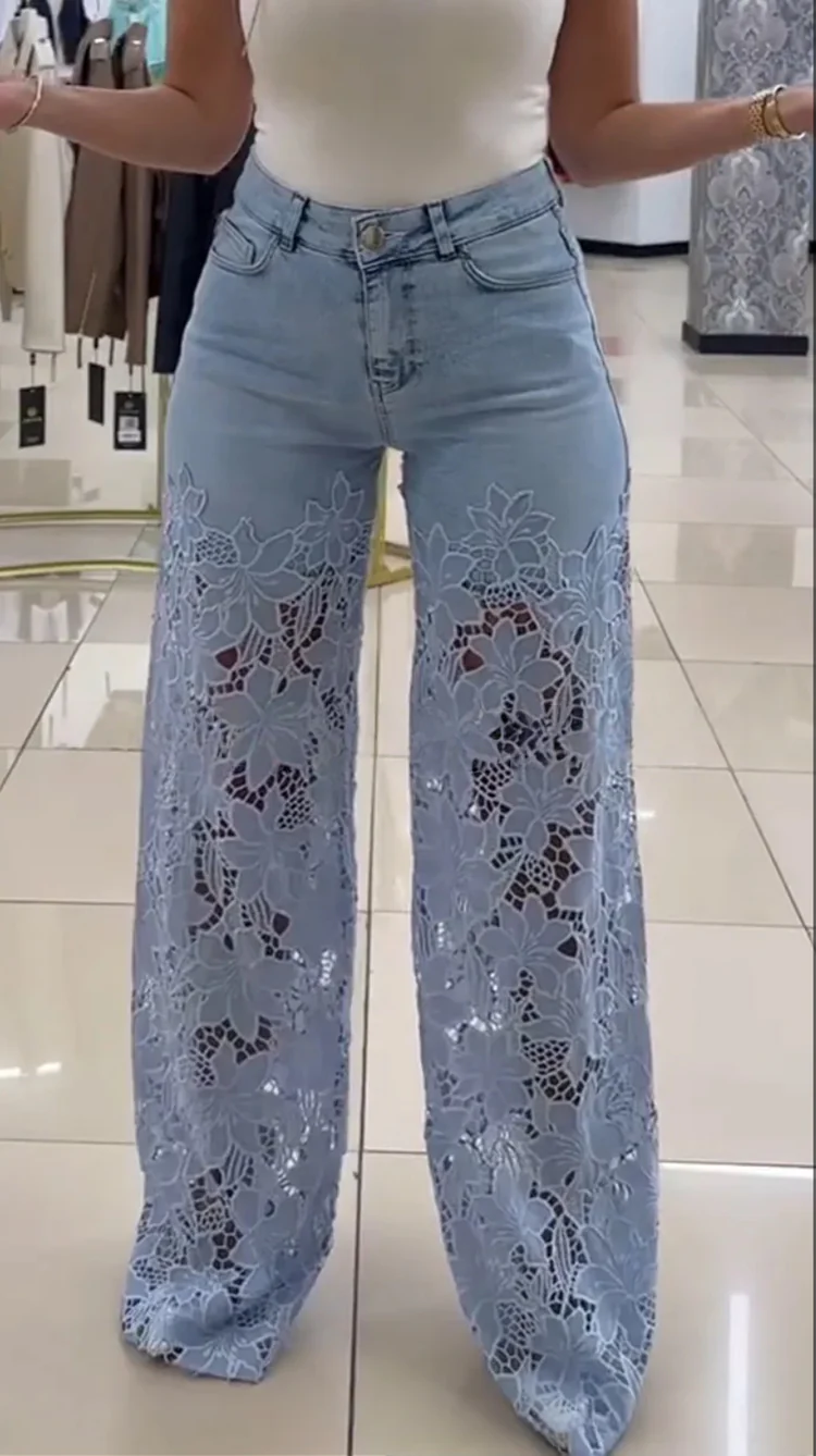 💥 WYPRZEDAŻ MAGAZYNU 💥👖Nowoczesne jeansy z koronkowymi naszywkami-4008670