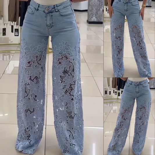 💥 WYPRZEDAŻ MAGAZYNU 💥👖Nowoczesne jeansy z koronkowymi naszywkami-4008670
