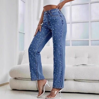 Modne, wyszczuplające spodnie damskie plus-size z denimu spranego z koralikami-4255671