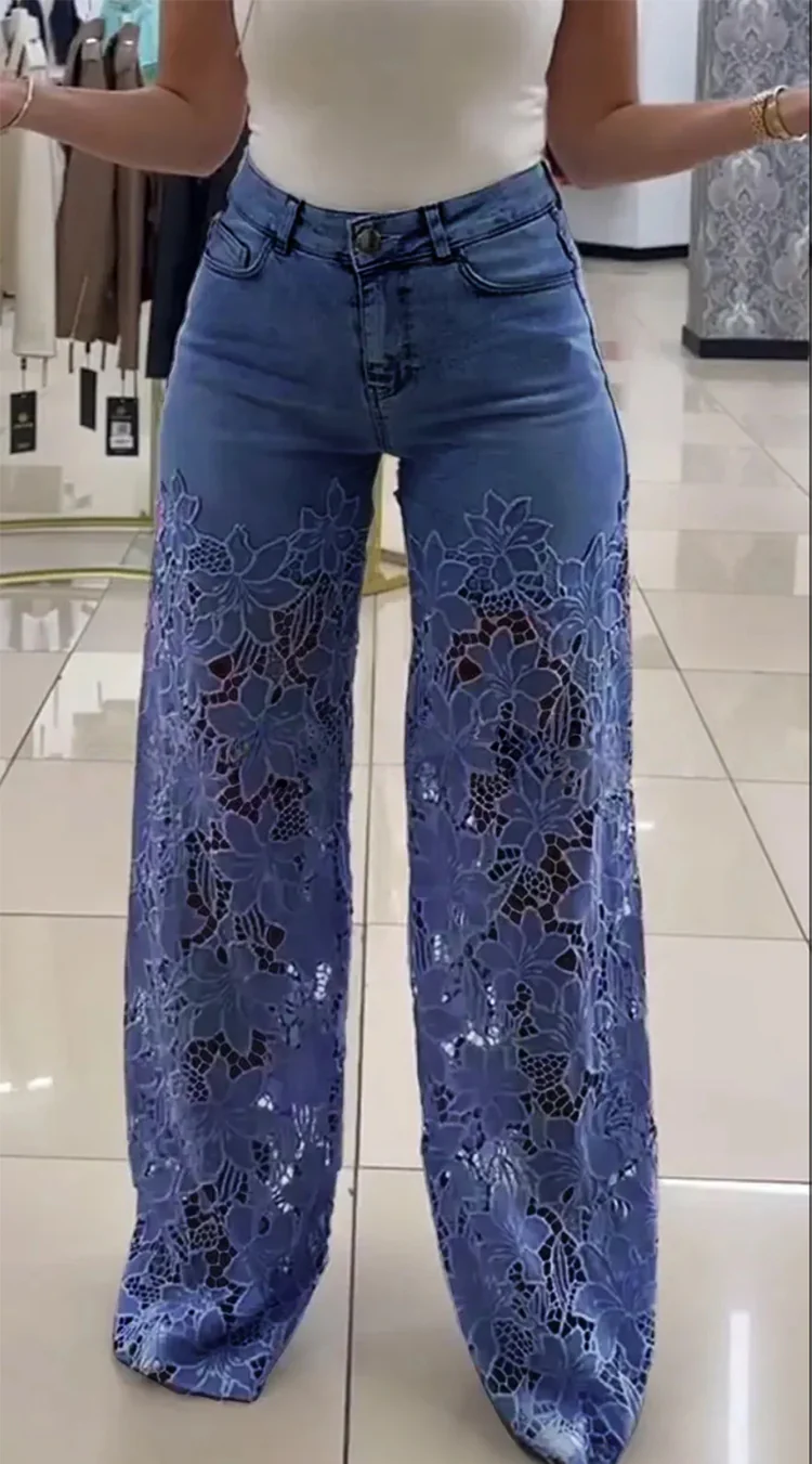 💥 WYPRZEDAŻ MAGAZYNU 💥👖Nowoczesne jeansy z koronkowymi naszywkami-4008670