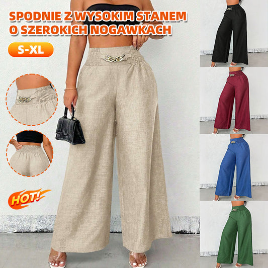 Modne, młodzieżowe, retro spodnie damskie z wysokim stanem i szerokimi nogawkami-4258293